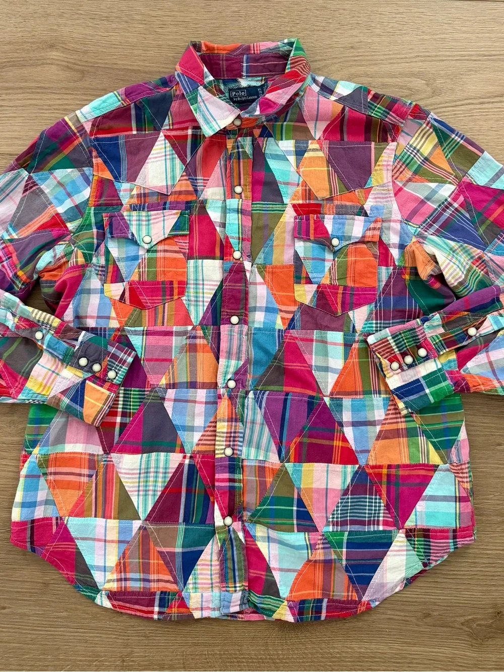 Polo Ralph Lauren Patchwork Plaid Western Snap Shirt Mens XL Long Sleeve Vintage